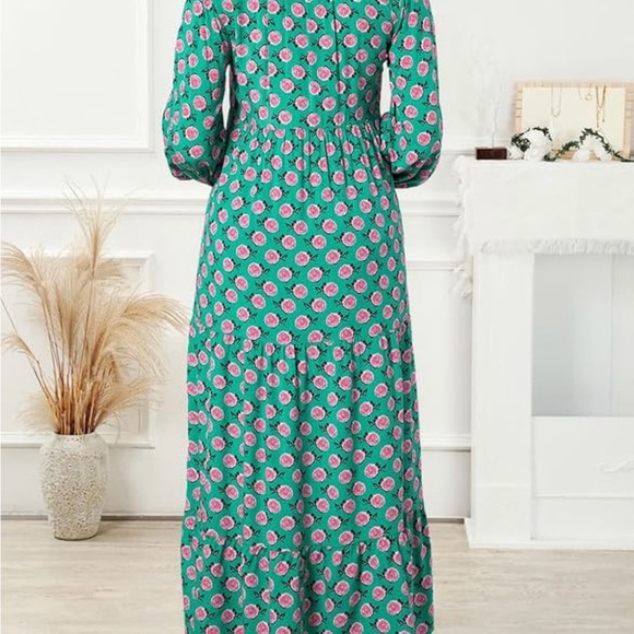 Dokotoo Women Boho Maxi Dress, V Neck, Long Puff Sleeve, Smocked Ruffle Flow - Picture 3 of 7